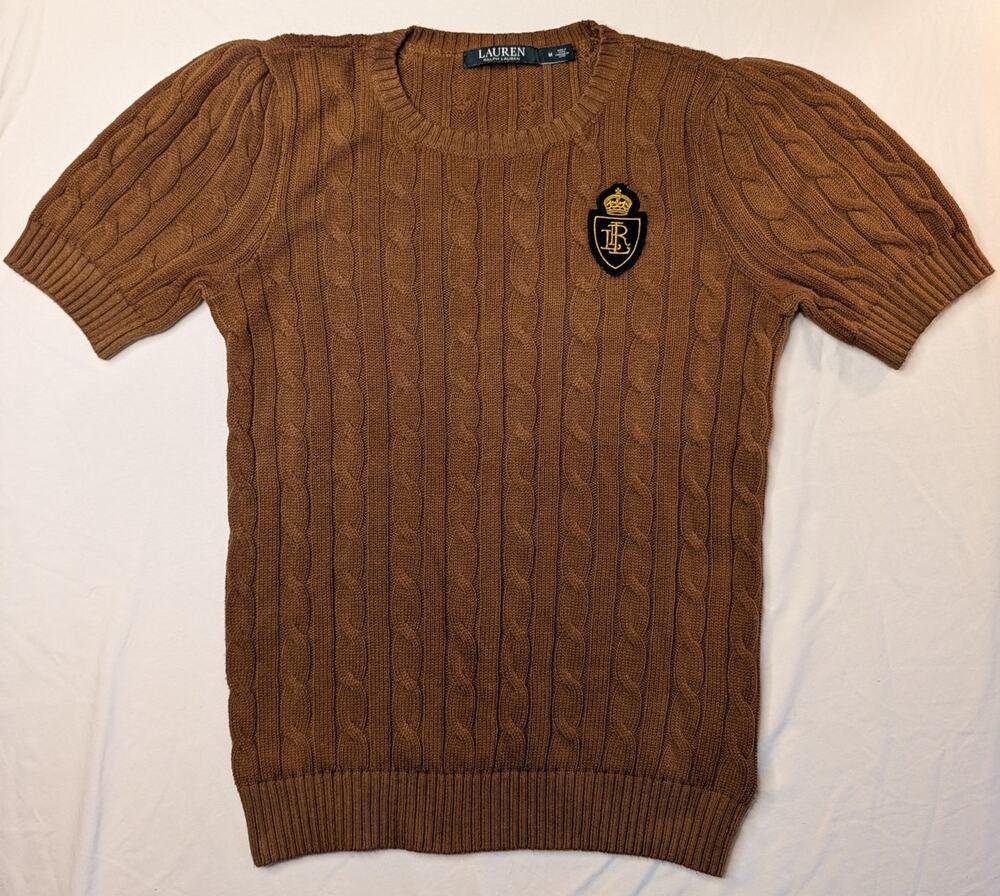Lauren Ralph Lauren LRL Cable Knit Sweater Shirt Crest M Brown Preppy Academia